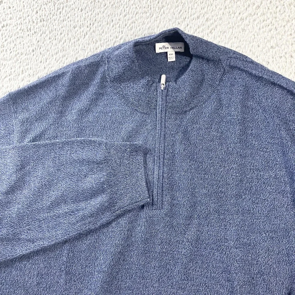Peter Millar Sweater Mens 2XL Blue Quarter Zip Mock‎ Neck Merino Wool Pullover